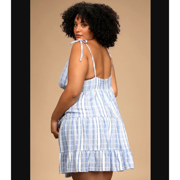 Lulus Shore of Yourself Blue Striped Tie Strap Tiered Mini Dress 2X Cotton NWT - Picture 9 of 12